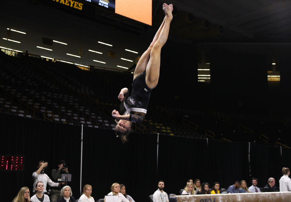 Iowa's Bridget Killian competes on the beam against the Rutgers Scarlet Knights Saturday, January 26, 2019 at Carver-Hawkeye Arena. (Brian Ray/hawkeyesports.com)