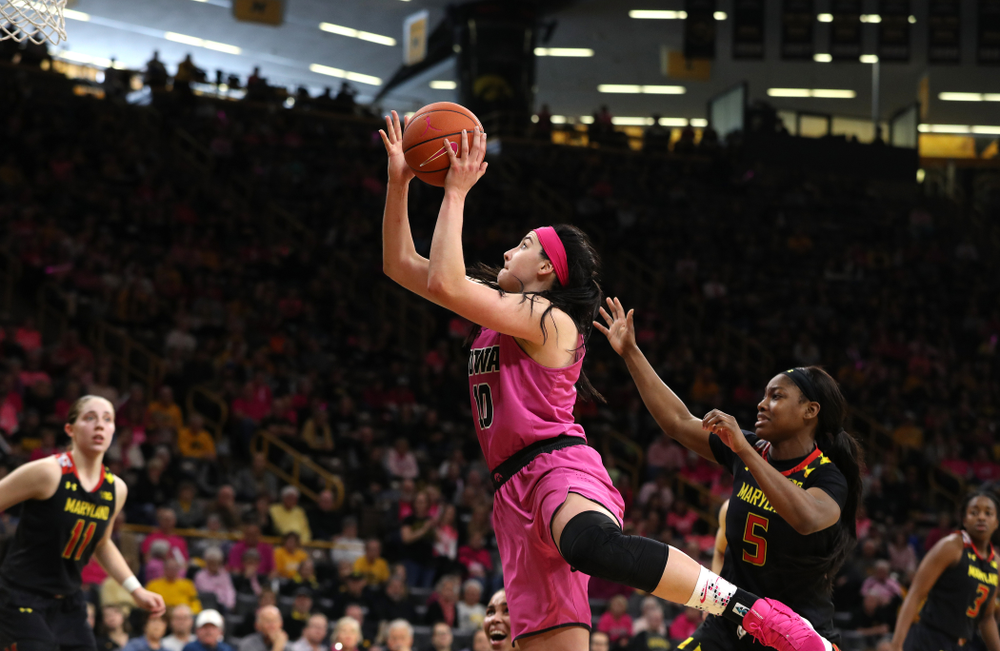 Iowa Hawkeyes forward Megan Gustafson (10) against the seventh ranked Maryland Terrapins Sunday, February 17, 2019 at Carver-Hawkeye Arena. (Brian Ray/hawkeyesports.com)