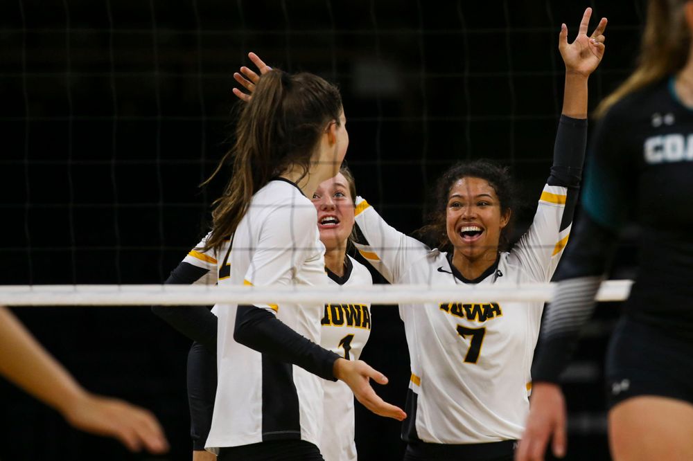 Iowa Hawkeyes defensive specialist Joslyn Boyer (1) and setter Brie Orr (7) against Coastal Carolina Friday, September 20, 2019 at Carver-Hawkeye Arena. (Lily Smith/hawkeyesports.com)