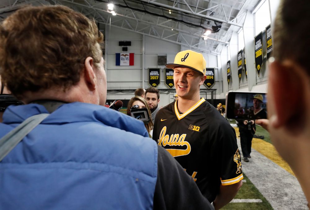 Iowa Hawkeyes outfielder Robert Neustrom (44) answers questions from reporters during the team's annual media day Thursday, February 8, 2018 in the indoor practice facility. (Brian Ray/hawkeyesports.com)