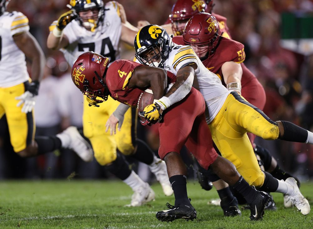 Iowa Hawkeyes defensive back Geno Stone (9) against the Iowa State Cyclones Saturday, September 14, 2019 in Ames, Iowa. (Brian Ray/hawkeyesports.com)