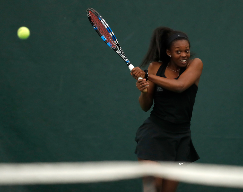 Adorabol Huckleby against Ohio State Sunday, March 25, 2018 at the Hawkeye Tennis and Recreation Center. (Brian Ray/hawkeyesports.com)