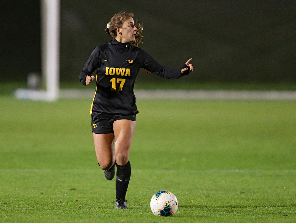 Iowa defender Hannah Drkulec (17) looks to pass during the first half of their match at the Iowa Soccer Complex in Iowa City on Friday, Oct 11, 2019. (Stephen Mally/hawkeyesports.com)