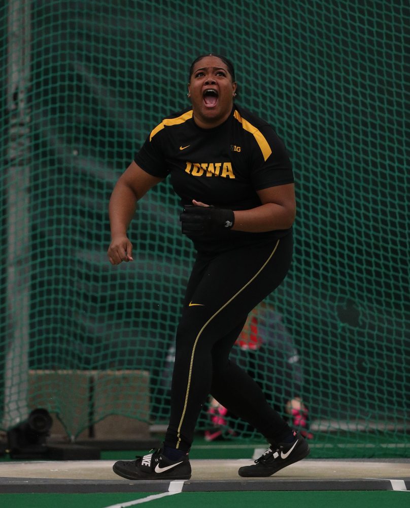 Iowa's Laulauga Tausaga sets a school record in the weight throw Friday, January 11, 2019 at the Hawkeye Tennis and Recreation Center. Tausaga set the new mark with a throw of 20.67m, 67-9 3/4. (Brian Ray/hawkeyesports.com)