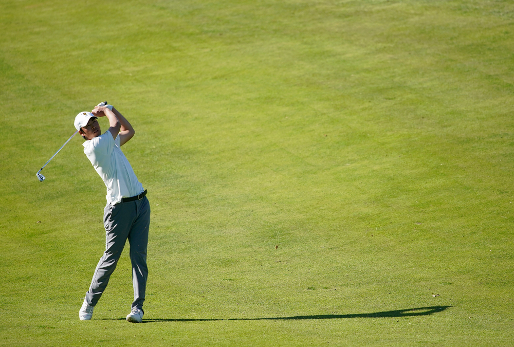 Iowa's Joe Kim hits from the fairway during the second round of the Hawkeye Invitational at Finkbine Golf Course in Iowa City on Saturday, Apr. 20, 2019. (Stephen Mally/hawkeyesports.com)
