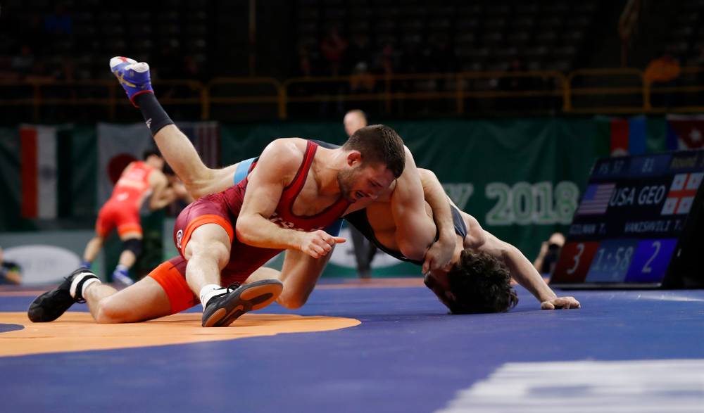 Thomas Gilman during session three of the United World Wrestling Freestyle World Cup Sunday, April 8, 2018 at Caver-Hawkeye Arena. (Brian Ray/hawkeyesports.com)