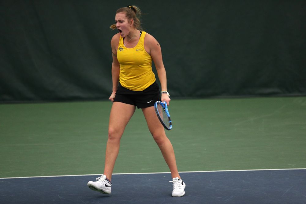 Iowa's Ashleigh Jacobs against the Iowa State Cyclones Friday, February 8, 2019 at the Hawkeye Tennis and Recreation Complex. (Brian Ray/hawkeyesports.com)