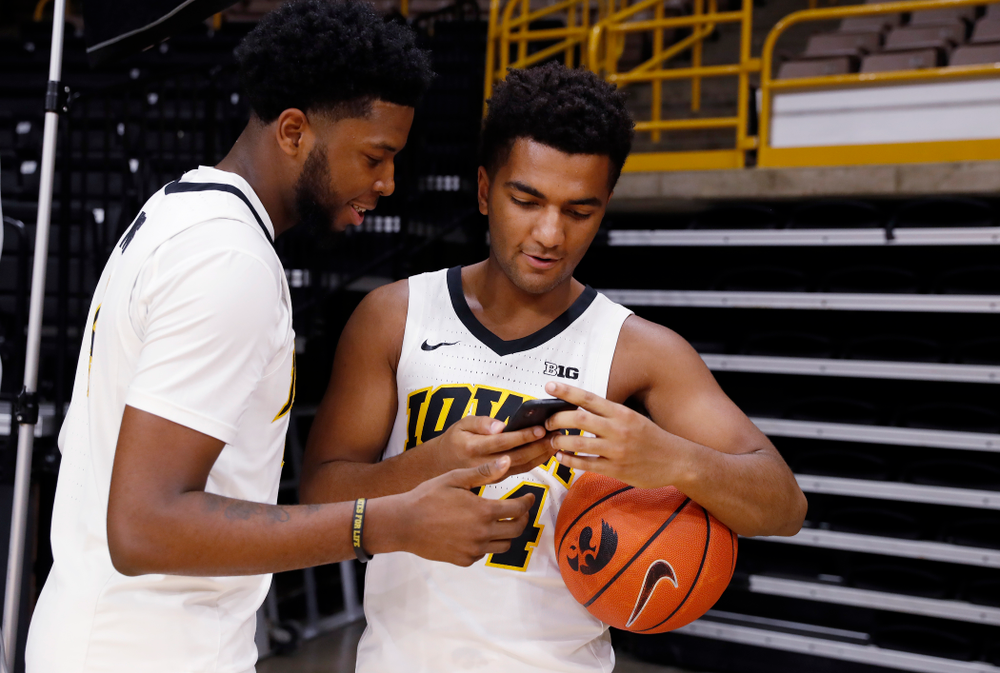 Iowa Hawkeyes guard Isaiah Moss (4) and guard Nicolas Hobbs (24) during the team's annual media day Monday, October 8, 2018 at Carver-Hawkeye Arena. (Brian Ray/hawkeyesports.com)