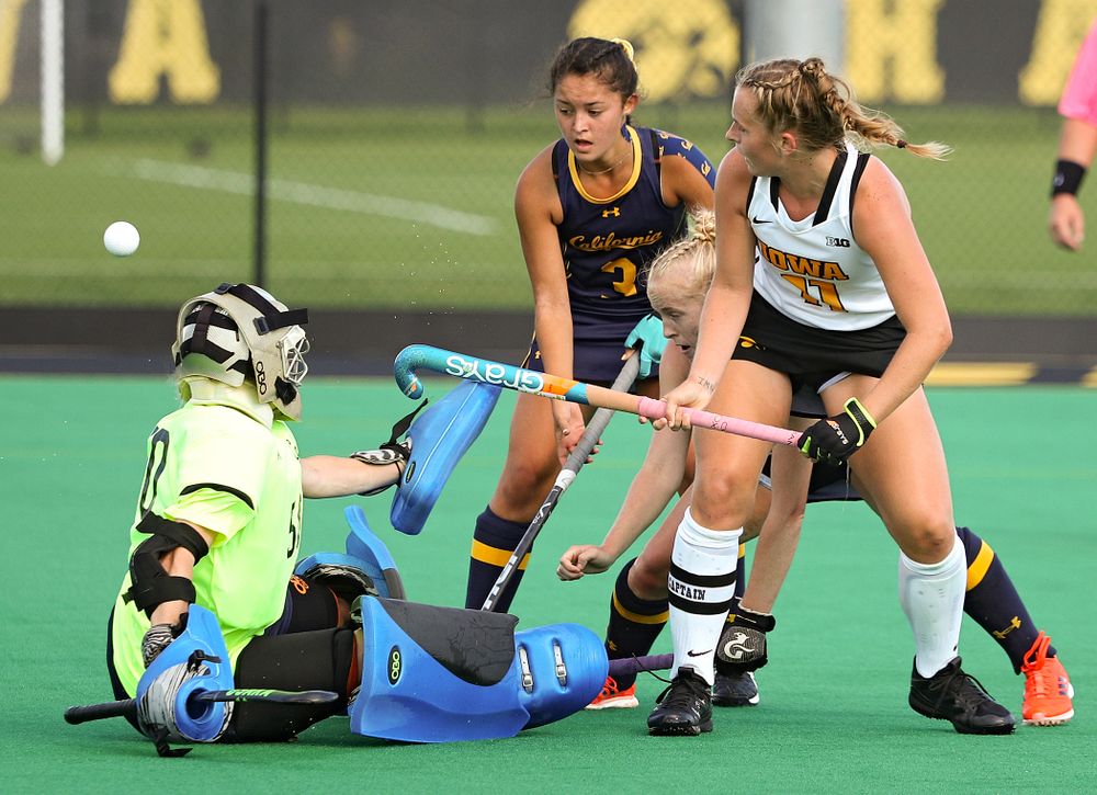 Iowa’s Katie Birch (11) scores a goal during the fourth quarter of their game at Grant Field in Iowa City on Friday, Sep 13, 2019. (Stephen Mally/hawkeyesports.com)