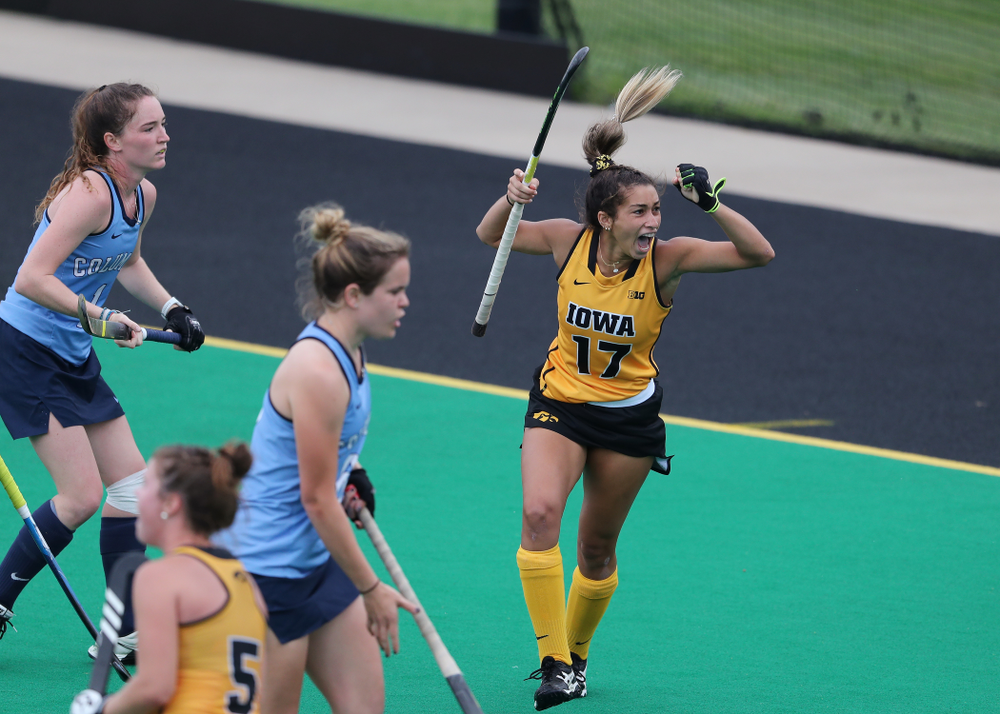 Iowa Hawkeyes forward Ciara Smith (17) celebrates a goal against Columbia Sunday, September 8, 2019 at Grant Field. (Brian Ray/hawkeyesports.com)
