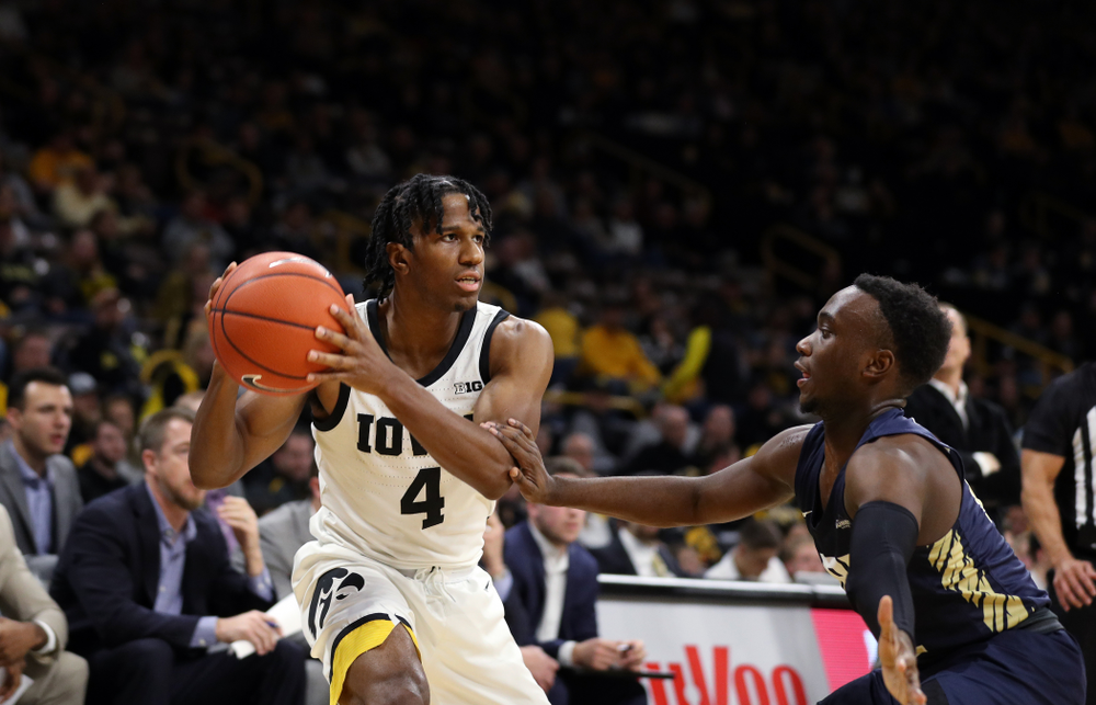 Iowa Hawkeyes guard Bakari Evelyn (4) against Oral Roberts Friday, November 15, 2019 at Carver-Hawkeye Arena. (Brian Ray/hawkeyesports.com)