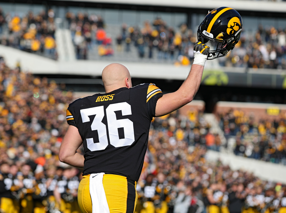 Iowa Hawkeyes fullback Brady Ross (36) is acknowledged on senior day before their game at Kinnick Stadium in Iowa City on Saturday, Nov 23, 2019. (Stephen Mally/hawkeyesports.com)