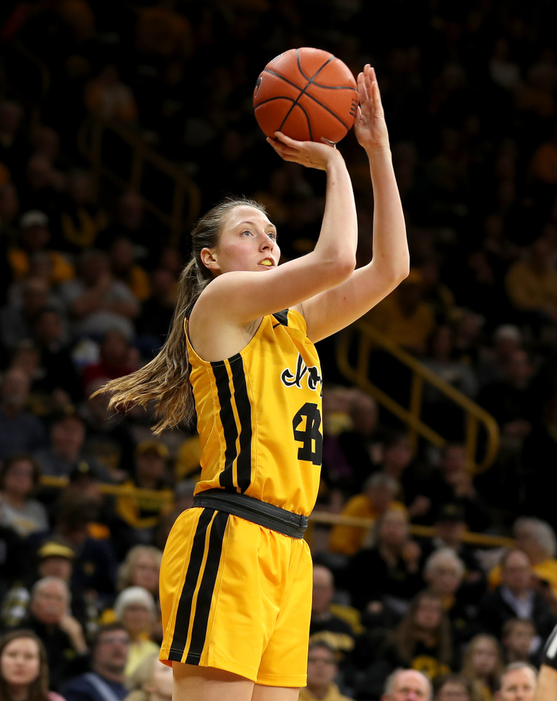 Iowa Hawkeyes forward Amanda Ollinger (43) against the Minnesota Golden Gophers Thursday, February 27, 2020 at Carver-Hawkeye Arena. (Brian Ray/hawkeyesports.com)