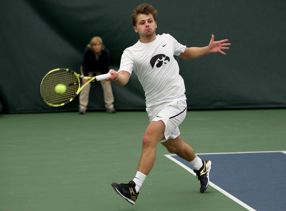 Iowa’s Will Davies and Oliver Okonkwo play a doubles match against Cornell Sunday, March 8, 2020 at the Hawkeye Tennis and Recreation Center. (Brian Ray/hawkeyesports.com)