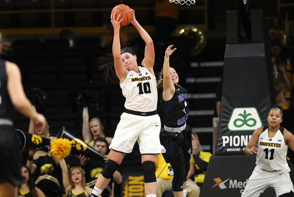 Iowa Hawkeyes forward Megan Gustafson (10) against Dakota Wesleyan University Tuesday, November 6, 2018 at Carver-Hawkeye Arena. (Brian Ray/hawkeyesports.com)