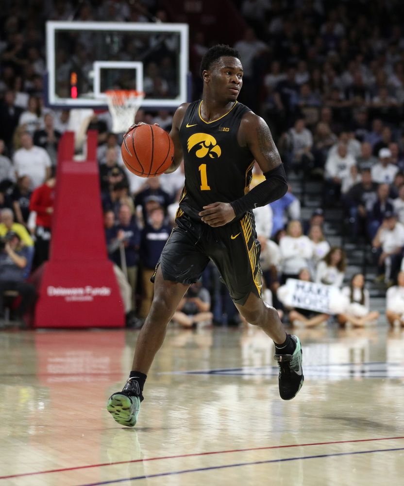 Iowa Hawkeyes guard Joe Toussaint (1) against Penn State Saturday, January 4, 2020 at the Palestra in Philadelphia. (Brian Ray/hawkeyesports.com)