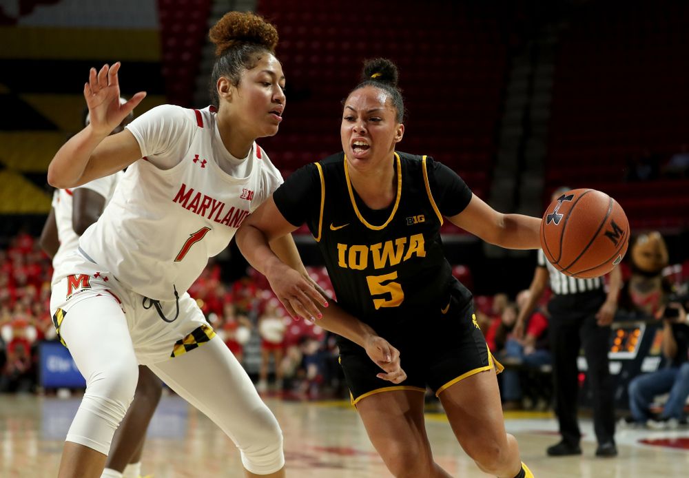 Iowa Hawkeyes guard Alexis Sevillian (5) against the Maryland Terrapins Thursday, February 13, 2020 at the Xfinity Center in College Park, MD. (Brian Ray/hawkeyesports.com)