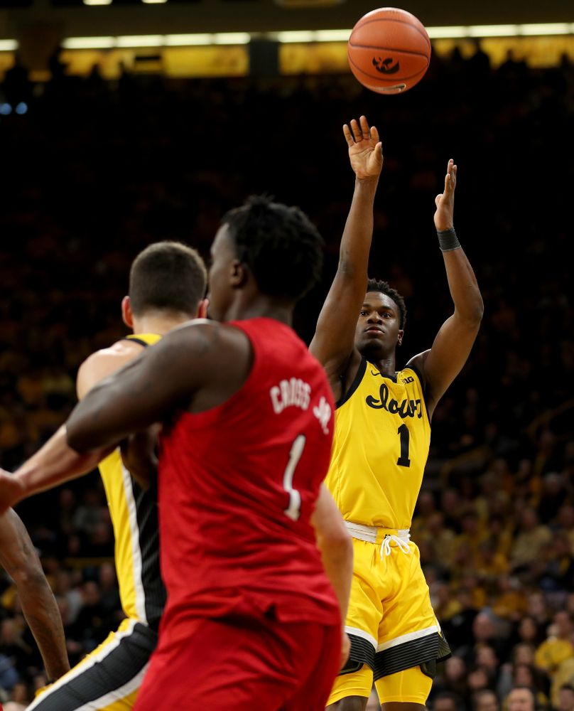 Iowa Hawkeyes guard Joe Toussaint (1) against the Nebraska Cornhuskers Saturday, February 8, 2020 at Carver-Hawkeye Arena. (Brian Ray/hawkeyesports.com)