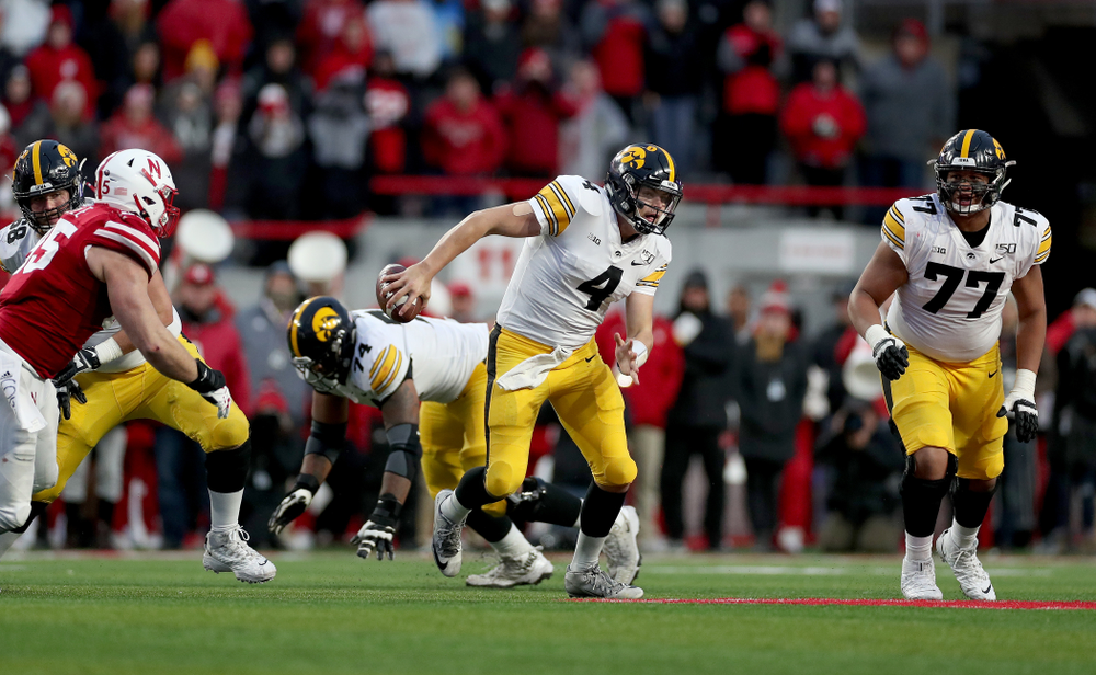 Iowa Hawkeyes quarterback Nate Stanley (4) against the Nebraska Cornhuskers Friday, November 29, 2019 at Memorial Stadium in Lincoln, Neb. (Brian Ray/hawkeyesports.com)
