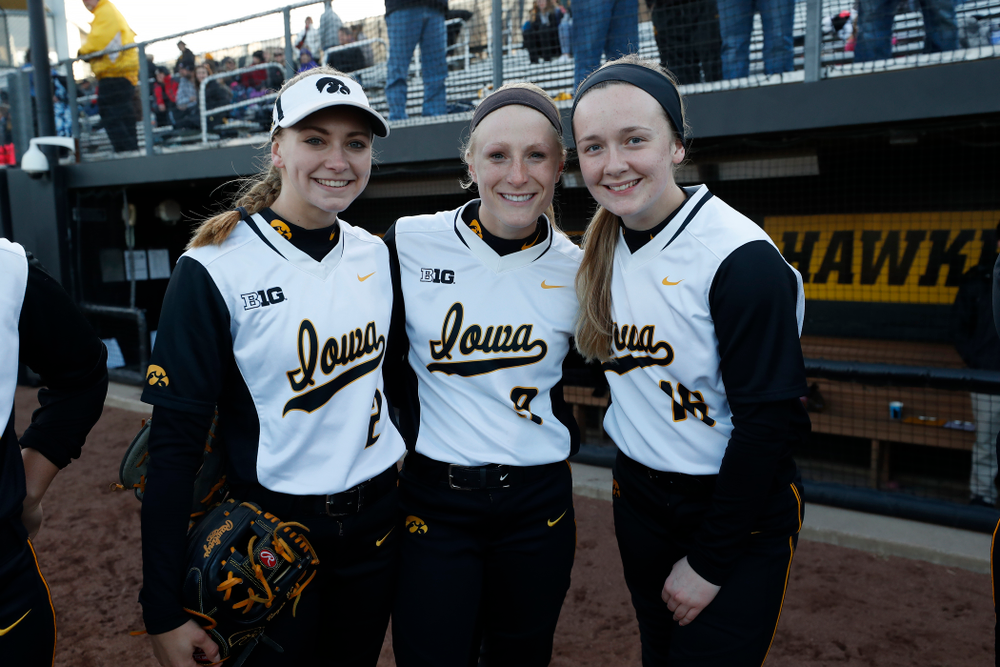 Iowa Hawkeyes infielder Aralee Bogar (2), infielder Sarah Kurtz (9), and catcher Brooke Rozier (16) against Western Illinois Tuesday, April 17, 2018 at Bob Pearl Field. (Brian Ray/hawkeyesports.com)