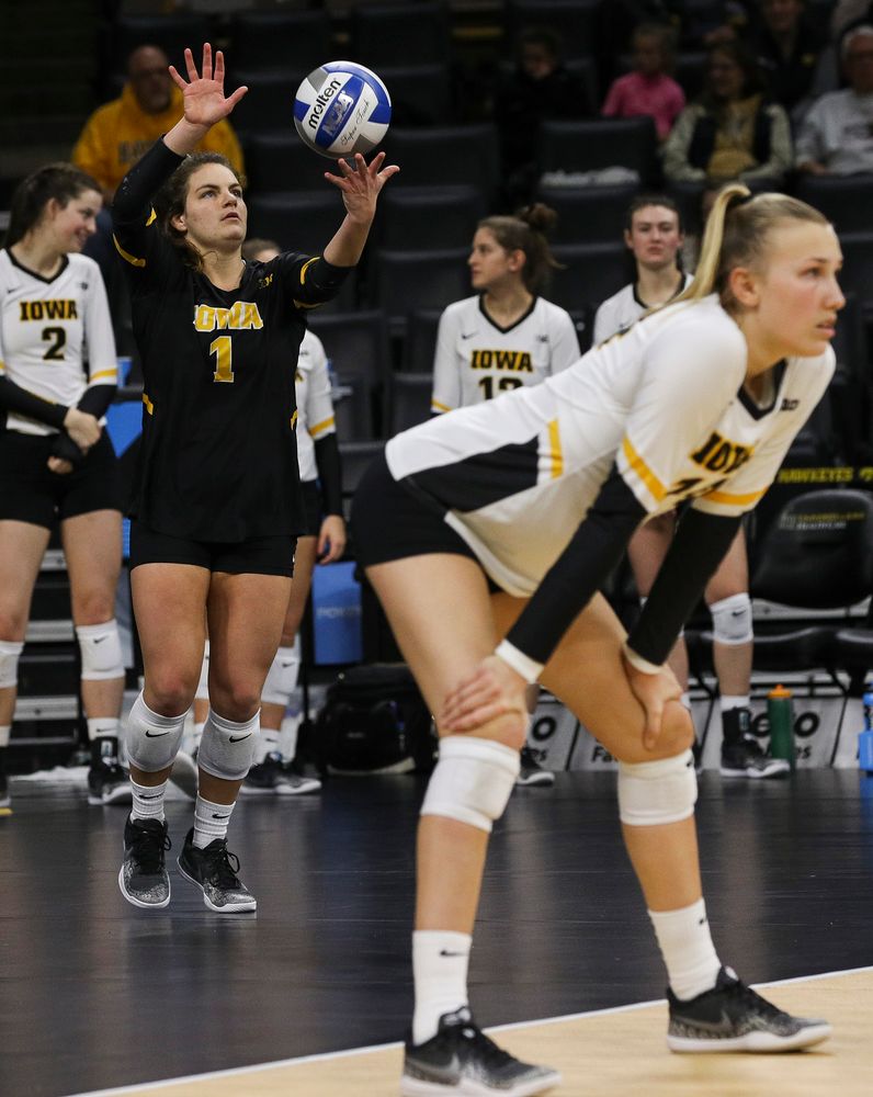 Iowa Hawkeyes defensive specialist Molly Kelly (1) serves the ball during a match against Rutgers at Carver-Hawkeye Arena on November 2, 2018. (Tork Mason/hawkeyesports.com)