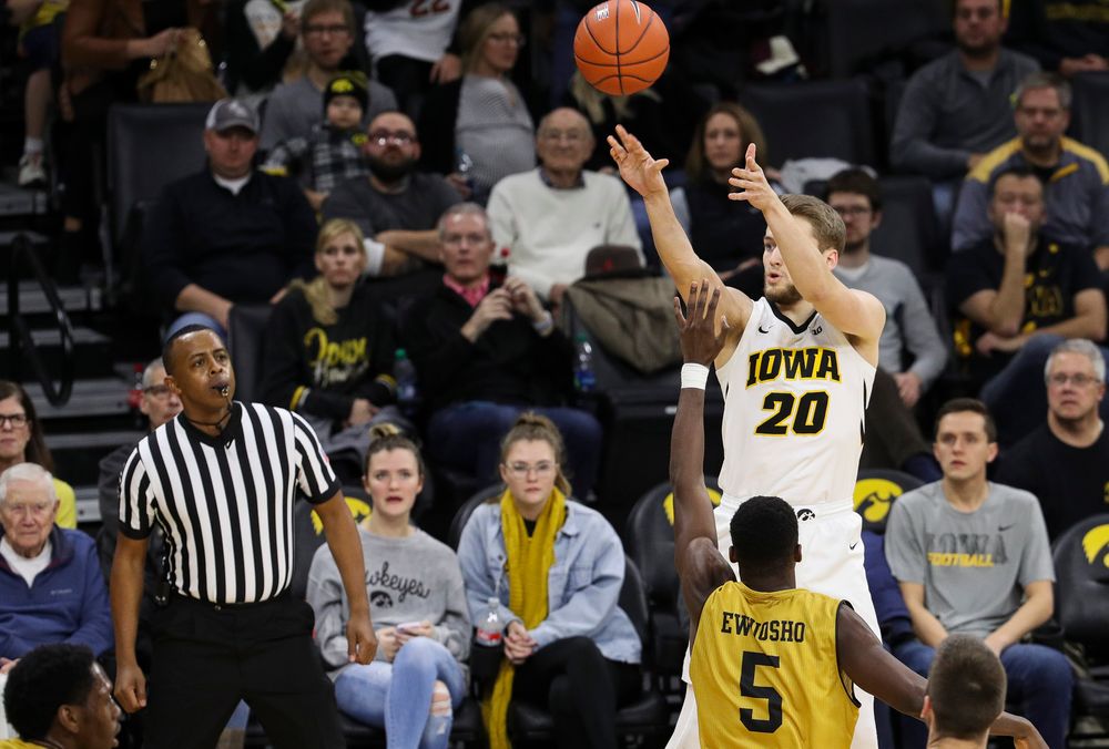 Iowa Hawkeyes forward Riley Till (20) shoots the ball during a game against Alabama State at Carver-Hawkeye Arena on November 21, 2018. (Tork Mason/hawkeyesports.com)