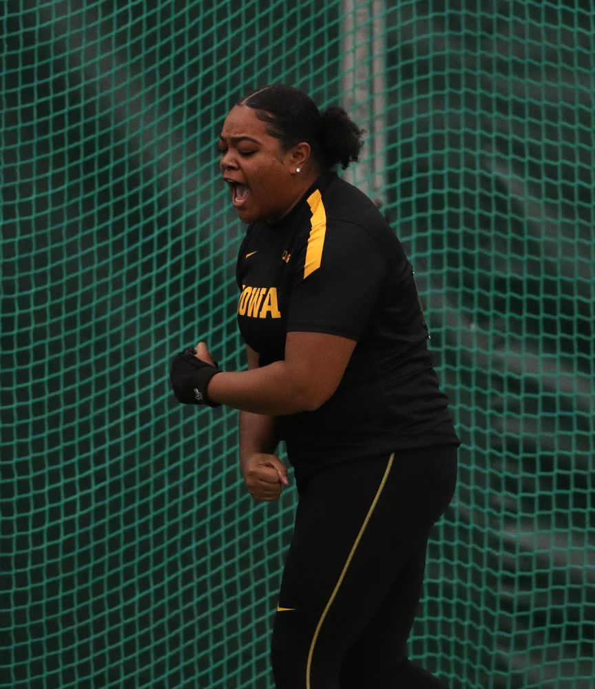Iowa's Laulauga Tausaga sets a school record in the weight throw Friday, January 11, 2019 at the Hawkeye Tennis and Recreation Center. Tausaga set the new mark with a throw of 20.67m, 67-9 3/4. (Brian Ray/hawkeyesports.com)