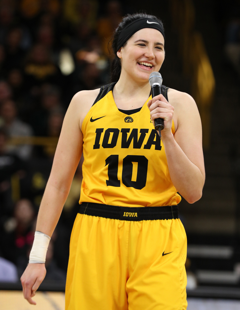 Iowa Hawkeyes forward Megan Gustafson (10) during senior day ceremonies following their game against the Northwestern Wildcats Sunday, March 3, 2019 at Carver-Hawkeye Arena. (Brian Ray/hawkeyesports.com)