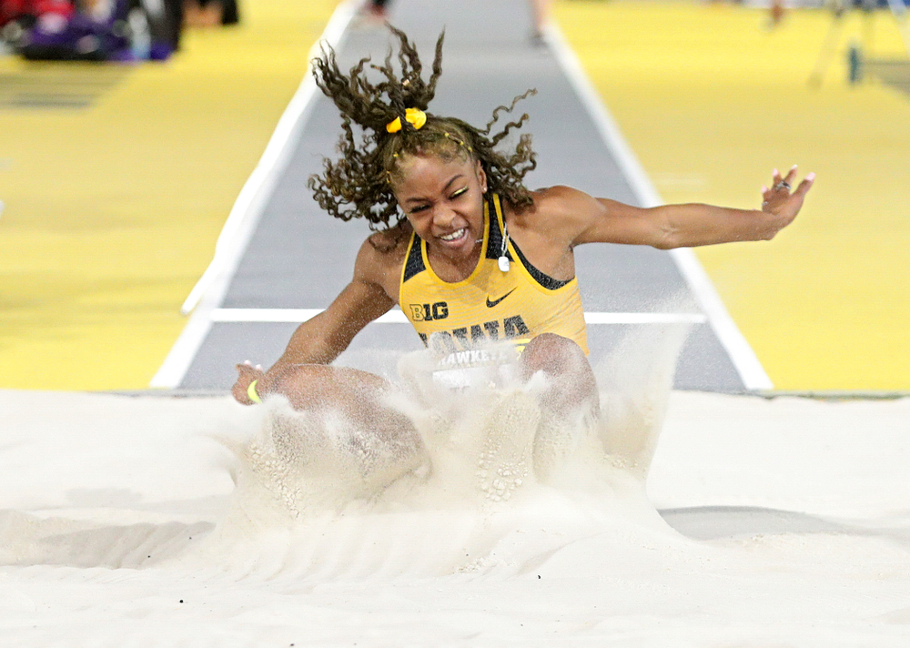 Iowa’s Tionna Tobias competes in the women’s long jump event during the Hawkeye Invitational at the Recreation Building in Iowa City on Saturday, January 11, 2020. (Stephen Mally/hawkeyesports.com)