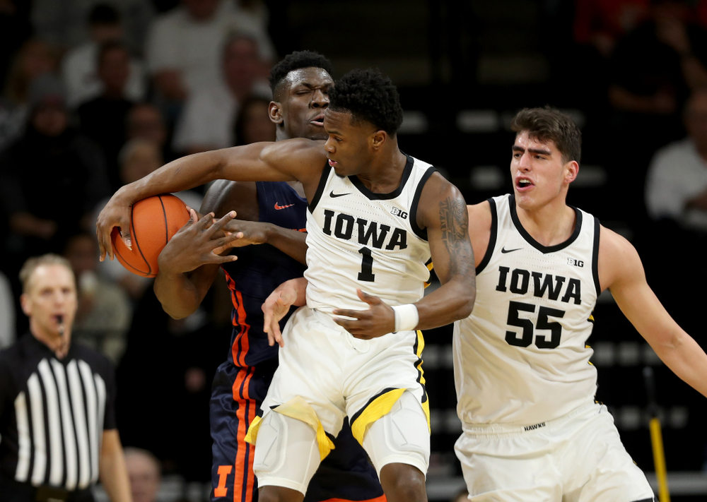 Iowa Hawkeyes guard Joe Toussaint (1) against the Illinois Fighting Illini Sunday, February 2, 2020 at Carver-Hawkeye Arena. (Brian Ray/hawkeyesports.com)