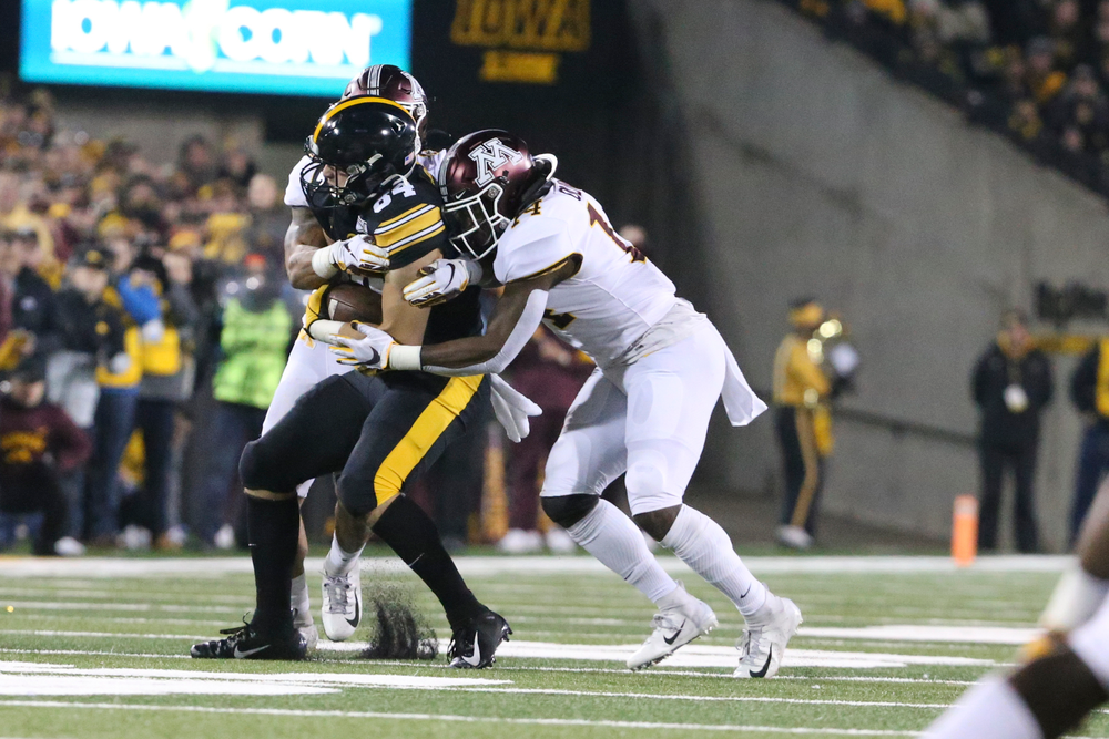 Iowa Hawkeyes tight end Sam LaPorta (84) during Iowa football vs Minnesota on Saturday, November 16, 2019 at Kinnick Stadium. (Lily Smith/hawkeyesports.com)
