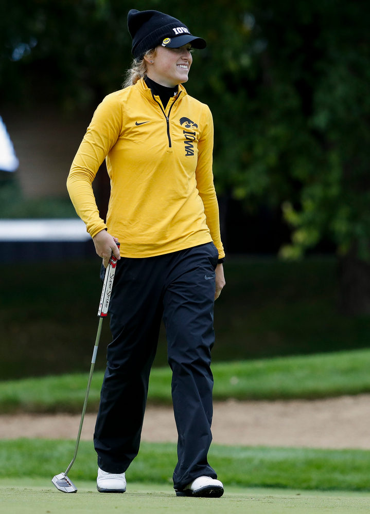 Iowa's Kristin Glesne reacts after sinking a putt during the Diane Thomason Invitational at Finkbine Golf Course on September 29, 2018. (Tork Mason/hawkeyesports.com)