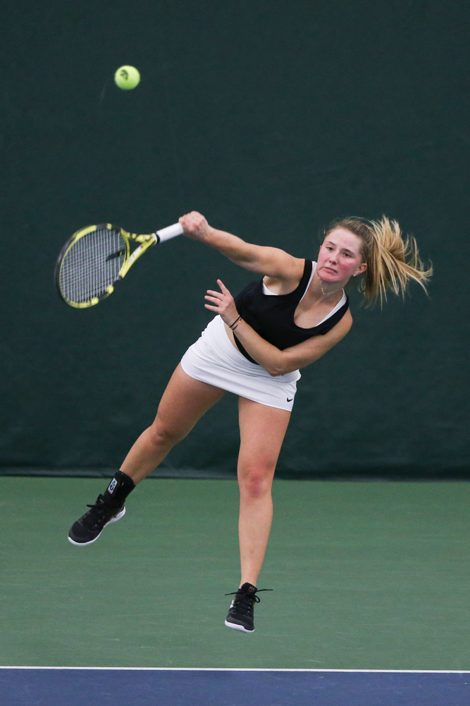 Iowa’s Danielle Burich during the Iowa women’s tennis meet vs DePaul on Friday, February 21, 2020 at the Hawkeye Tennis and Recreation Complex. (Lily Smith/hawkeyesports.com)