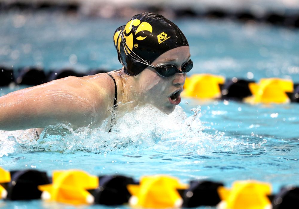 Iowa's Kelsey Drake swims the 200 yard butterfly during a double dual against Wisconsin and Northwestern Saturday, January 19, 2019 at the Campus Recreation and Wellness Center. (Brian Ray/hawkeyesports.com)