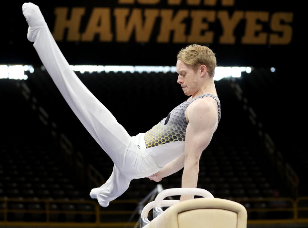 Iowa’s Nick Merryman competes on the pommel horse against Illinois Sunday, March 1, 2020 at Carver-Hawkeye Arena. (Brian Ray/hawkeyesports.com)