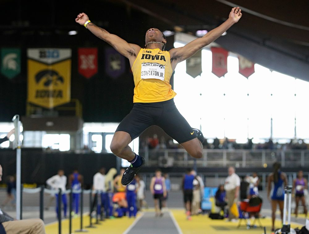 Iowa’s Deandre Stapleton Jr. competes in the men’s long jump event at the Black and Gold Invite at the Recreation Building in Iowa City on Saturday, February 1, 2020. (Stephen Mally/hawkeyesports.com)