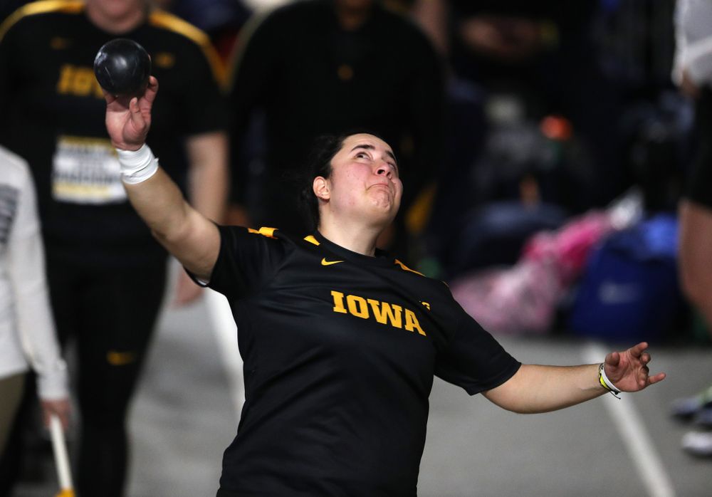 Iowa's Konstadina Spanoudakis competes in the Shot Put during the Black and Gold Premier meet Saturday, January 26, 2019 at the Recreation Building. (Brian Ray/hawkeyesports.com)