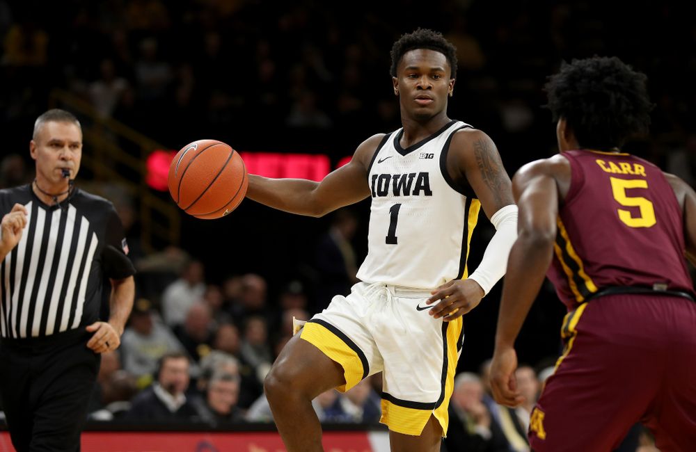 Iowa Hawkeyes guard Joe Toussaint (1) against the Minnesota Golden Gophers Monday, December 9, 2019 at Carver-Hawkeye Arena. (Brian Ray/hawkeyesports.com)