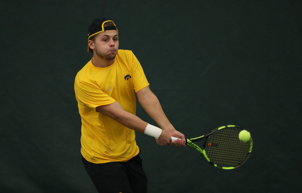Will Davies against the Butler Bulldogs Sunday, January 27, 2019 at the Hawkeye Tennis and Recreation Complex. (Brian Ray/hawkeyesports.com)