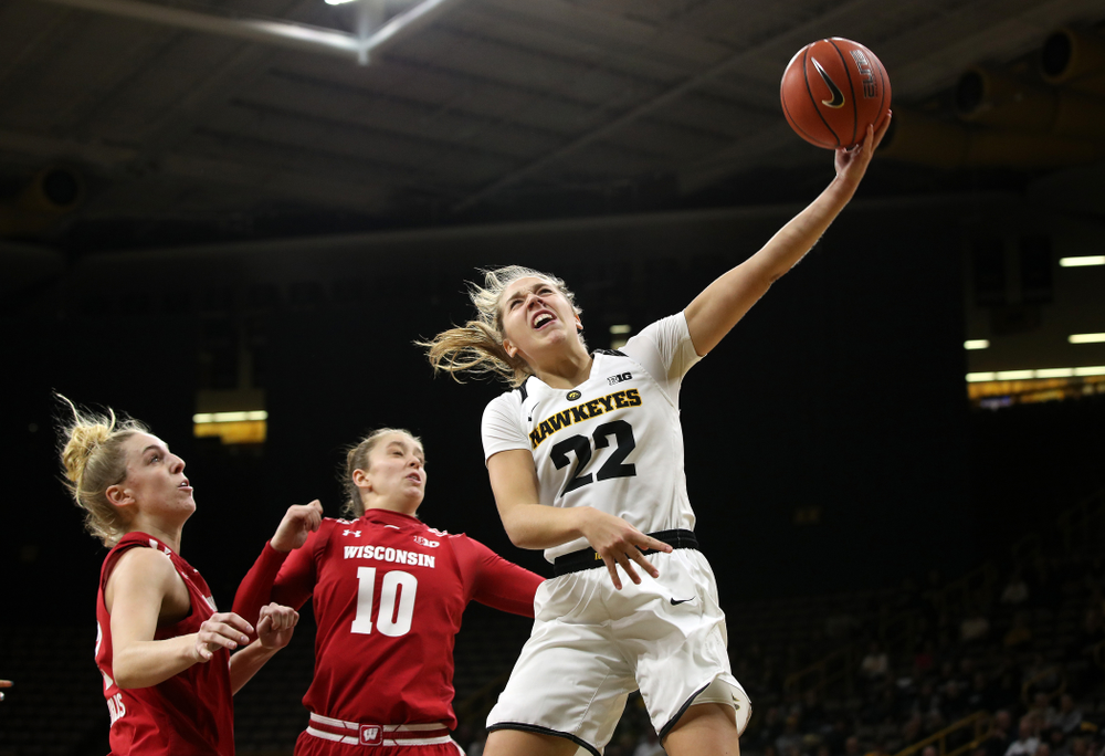 Iowa Hawkeyes guard Kathleen Doyle (22) against the Wisconsin Badgers Monday, January 7, 2019 at Carver-Hawkeye Arena. (Brian Ray/hawkeyesports.com)