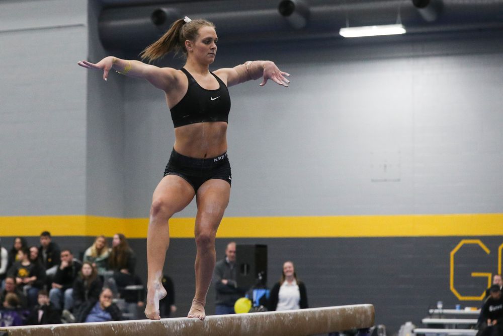 Ashley Smith performs on the beam during the Iowa women’s gymnastics Black and Gold Intraquad Meet on Saturday, December 7, 2019 at the UI Field House. (Lily Smith/hawkeyesports.com)