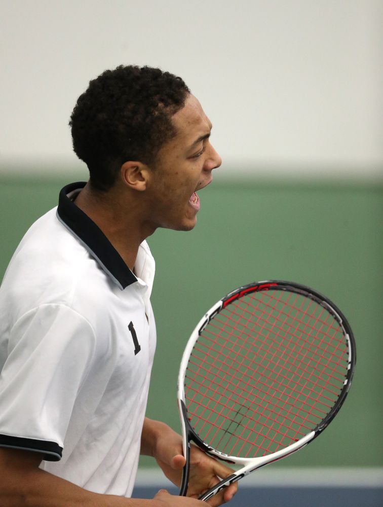 Iowa's Oliver Okonkwo against North Dakota Friday, January 25, 2019 at the Hawkeye Tennis and Recreation Complex. (Brian Ray/hawkeyesports.com)