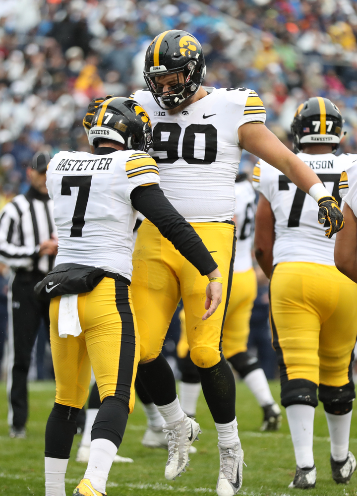 Iowa Hawkeyes defensive end Sam Brincks (90) catches a touchdown pass against the Penn State Nittany Lions Saturday, October 27, 2018 at Beaver Stadium in University Park, Pa. (Max Allen/hawkeyesports.com)
