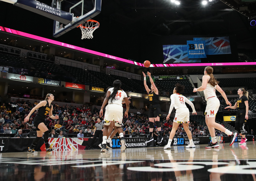 Iowa Hawkeyes forward Megan Gustafson (10) against the Maryland Terrapins in the Big Ten Championship Game Sunday, March 10, 2019 in Indianapolis, Ind. (Brian Ray/hawkeyesports.com)