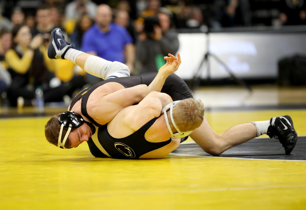 Iowa’s Spencer Lee wrestles Penn State’s Brandon Meredith at 125 pounds Friday, January 31, 2020 at Carver-Hawkeye Arena.Lee won the match by technical fall. (Brian Ray/hawkeyesports.com)