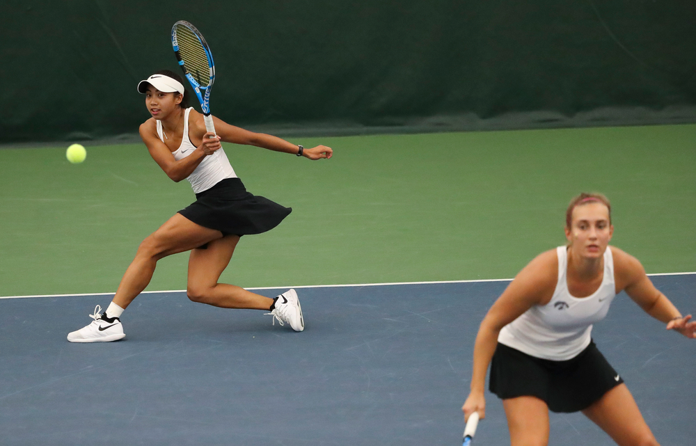 Michelle Bacalla returns a shot in a doubles match during the second day of the ITA Central Regional Championships at the Hawkeye Tennis and Recreation Complex on October 13, 2018. (Tork Mason/hawkeyesports.com)