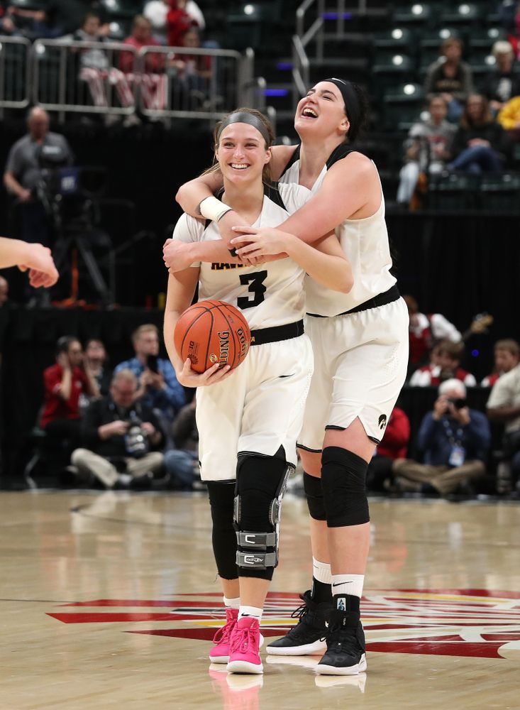Iowa Hawkeyes forward Megan Gustafson (10) and guard Makenzie Meyer (3) against the Indiana Hoosiers in the quarterfinals of the Big Ten Tournament Friday, March 8, 2019 at Bankers Life Fieldhouse in Indianapolis, Ind. (Brian Ray/hawkeyesports.com)