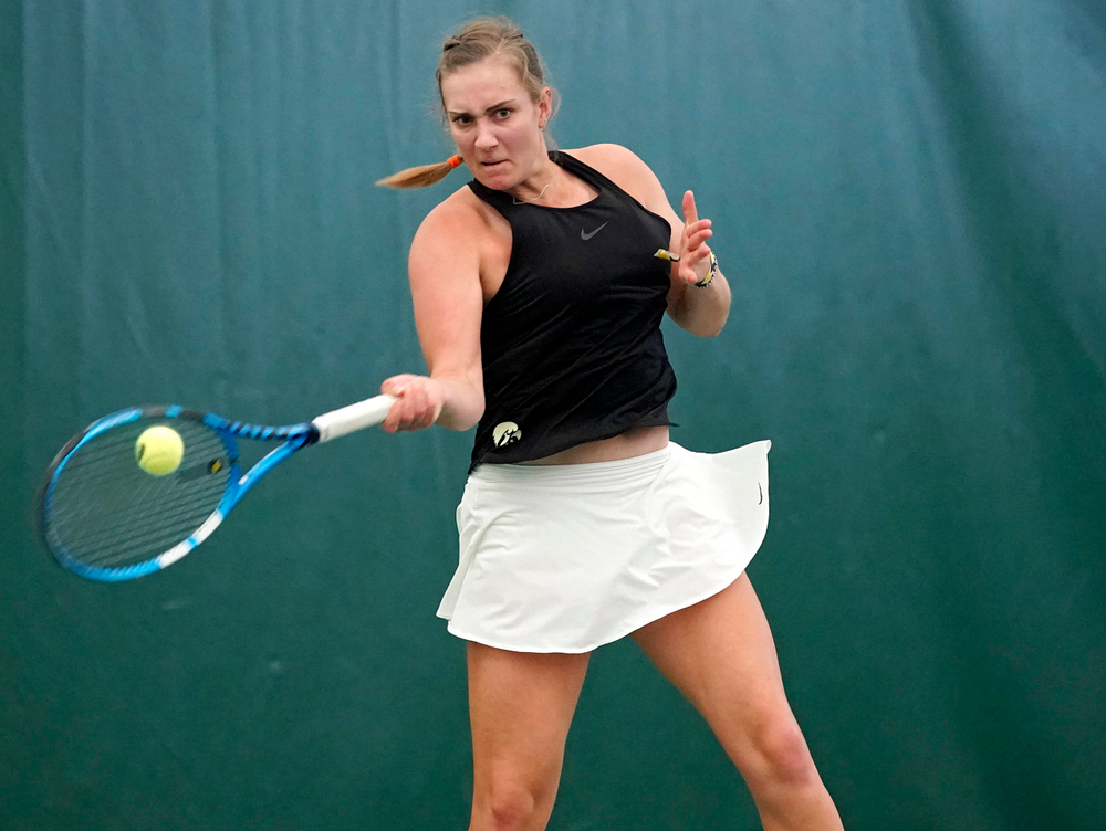 Iowa's Ashleigh Jacobs plays a match against Indiana at the Hawkeye Tennis and Recreation Complex in Iowa City on Sunday, Mar. 31, 2019. (Stephen Mally/hawkeyesports.com)