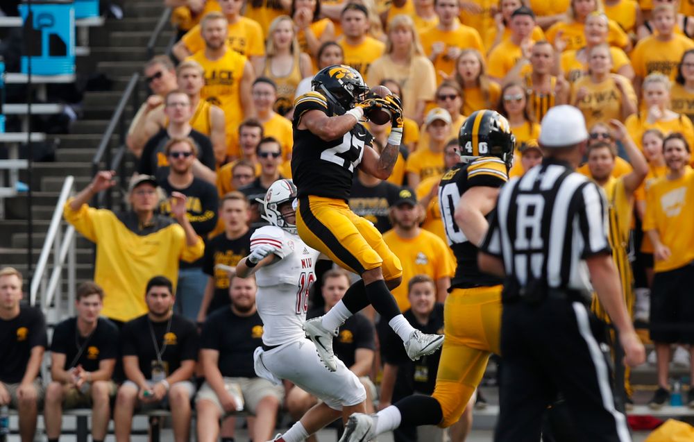 Iowa Hawkeyes defensive back Amani Hooker (27) interceptss a pass against the Northern Illinois Huskies Saturday, September 1, 2018 at Kinnick Stadium. (Brian Ray/hawkeyesports.com)