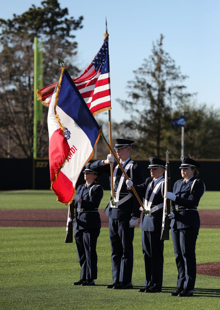 Members of the University of Iowa ROTC presents the colors during the National Anthem before the Iowa Hawkeyes game against the Nebraska Cornhuskers on Military Appreciation Night Friday, April 19, 2019 at Duane Banks Field. (Brian Ray/hawkeyesports.com)